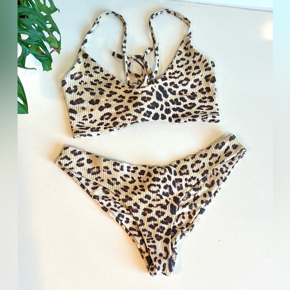 Boys + Arrows Other - Leopard Print Ribbed Bikini Set Boys + Arrows Lace Up Top Medium / Bottom Small